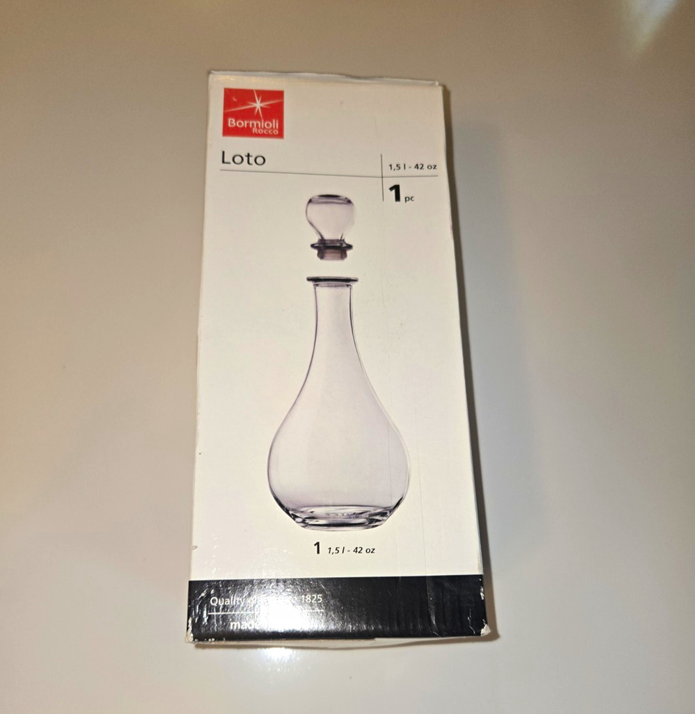 Bormioli Rocco Loto Glass Decanter 42 Oz 1.5L Stopper Made in Italy w/ Box